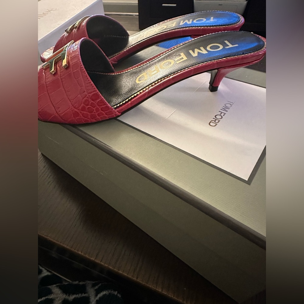 Tom ford logo croc embossed leather mules - rose red - 38 - Picture 6 of 7